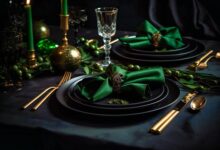 black table cloth green waterfall napkins gold charger