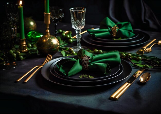 black table cloth green waterfall napkins gold charger